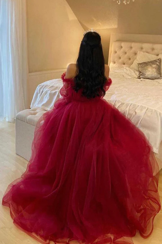 Robe de soirée bordeaux en tulle à manches longues Y503