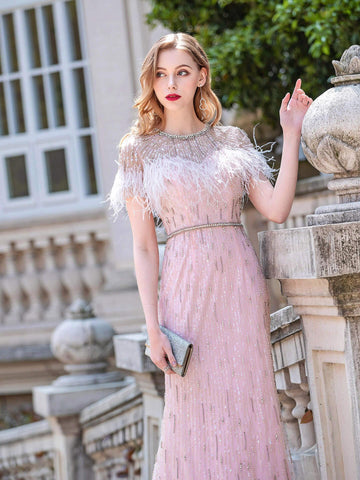 Vestido de noche formal de lujo con estampado de sirena y cuentas de Baoleely, manga corta y largo hasta el suelo. 