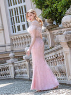 Baoleely Mermaid Beaded Luxurious Fashion Formal Evening Dresses Short Sleeves Floor Length