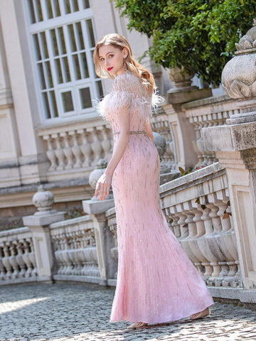 Vestido de noche formal de lujo con estampado de sirena y cuentas de Baoleely, manga corta y largo hasta el suelo. 