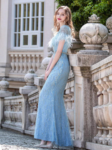 Robe de soirée longue style sirène à perles, luxueuse et élégante, manches courtes, longueur au sol 