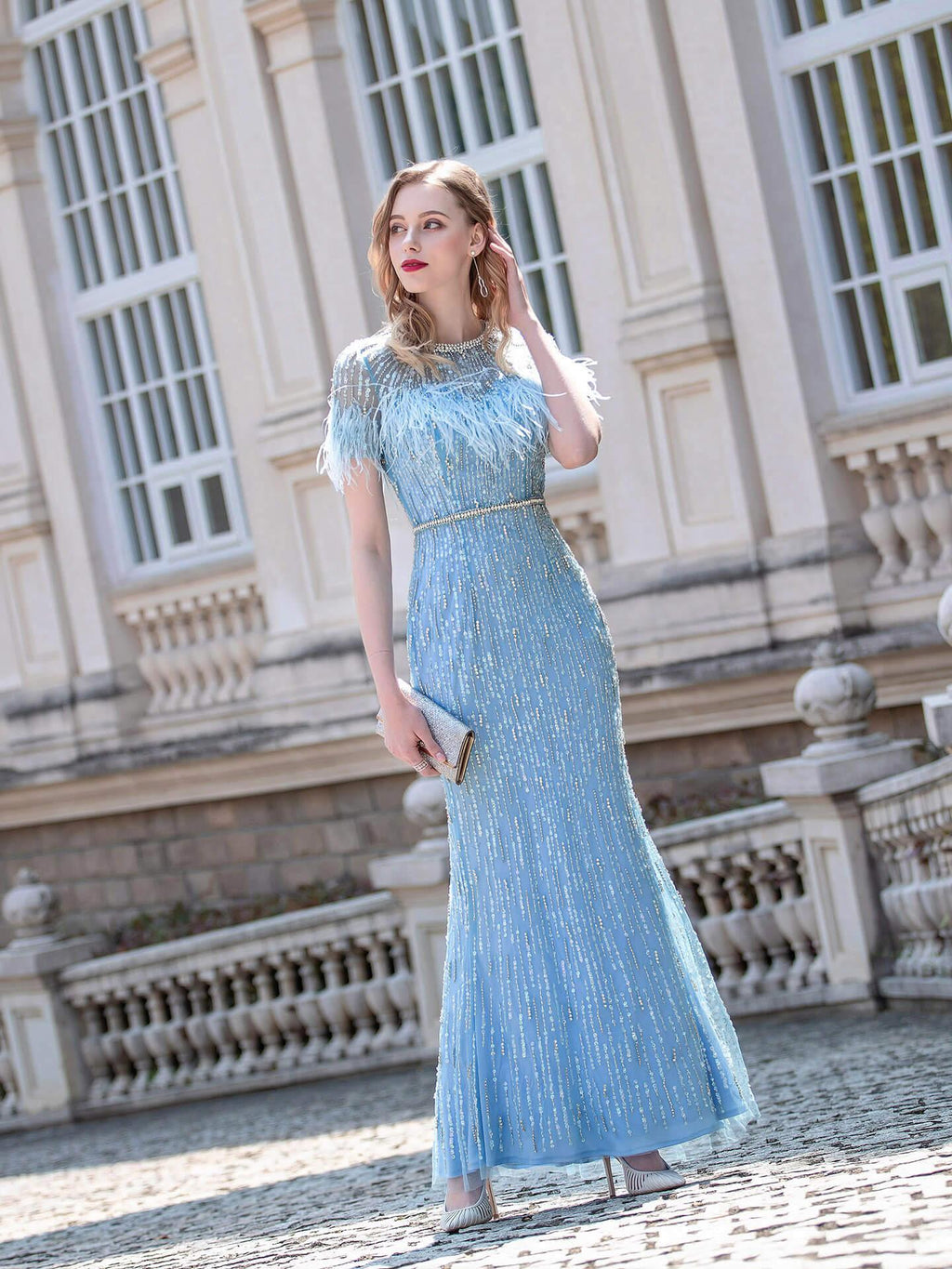 Baoleely Mermaid Beaded Luxurious Fashion Formal Evening Dresses Short Sleeves Floor Length