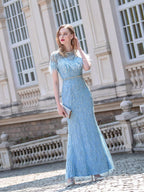 Baoleely Mermaid Beaded Luxurious Fashion Formal Evening Dresses Short Sleeves Floor Length
