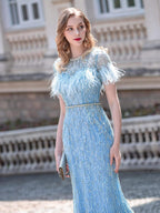 Baoleely Mermaid Beaded Luxurious Fashion Formal Evening Dresses Short Sleeves Floor Length