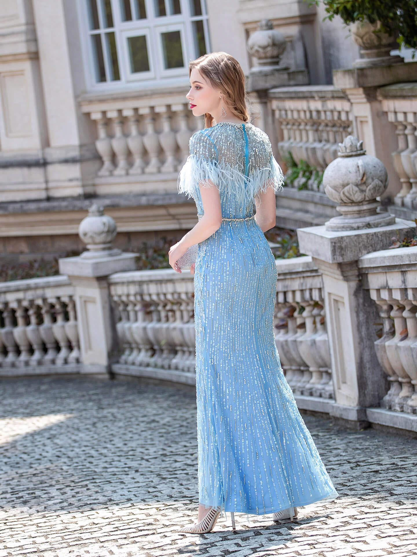 Baoleely Mermaid Beaded Luxurious Fashion Formal Evening Dresses Short Sleeves Floor Length