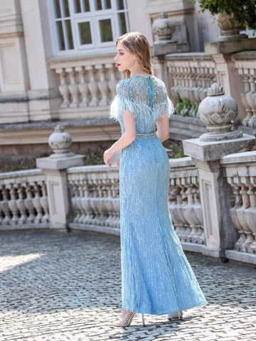 Robe de soirée longue style sirène à perles, luxueuse et élégante, manches courtes, longueur au sol 