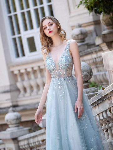 Baoleely A-line Tulle V-neck Luxurious Sexy Formal Evening Dresses Sleeveless Floor Length