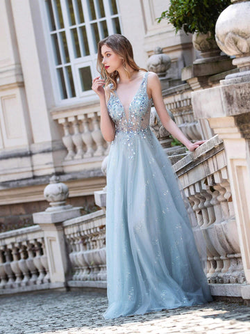 Baoleely A-line Tulle V-neck Luxurious Sexy Formal Evening Dresses Sleeveless Floor Length