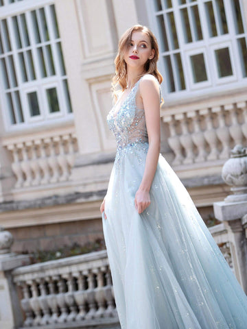 Baoleely A-line Tulle V-neck Luxurious Sexy Formal Evening Dresses Sleeveless Floor Length