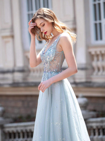 Baoleely A-line Tulle V-neck Luxurious Sexy Formal Evening Dresses Sleeveless Floor Length