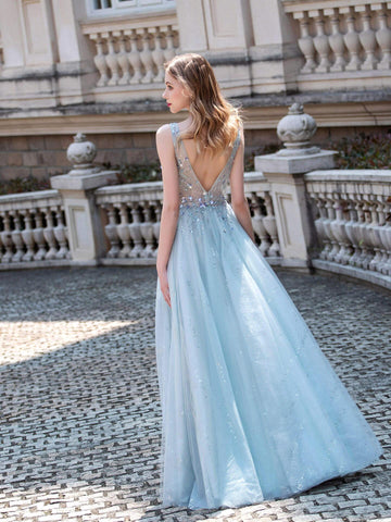 Baoleely A-line Tulle V-neck Luxurious Sexy Formal Evening Dresses Sleeveless Floor Length