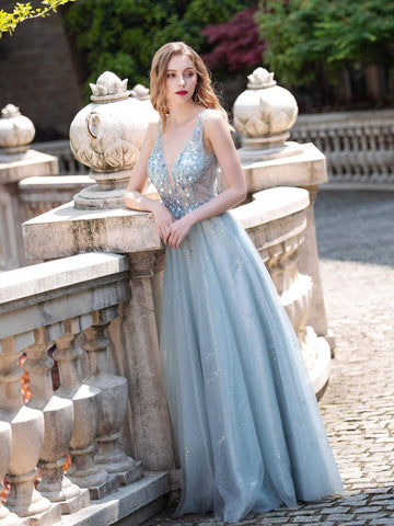 Baoleely A-line Tulle V-neck Luxurious Sexy Formal Evening Dresses Sleeveless Floor Length