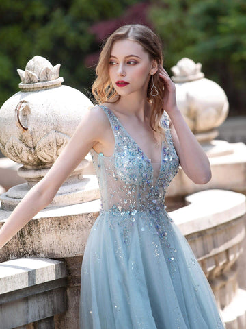 Baoleely A-line Tulle V-neck Luxurious Sexy Formal Evening Dresses Sleeveless Floor Length