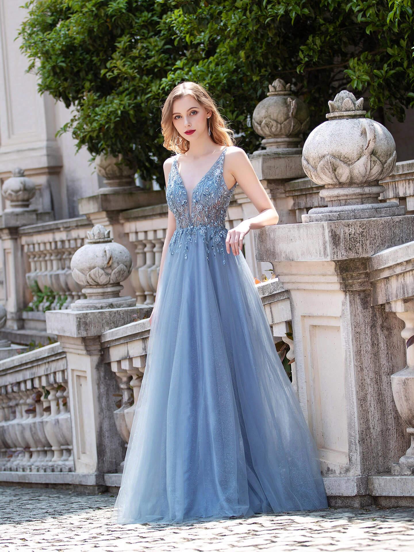 Baoleely A-line Tulle V-neck Luxurious Sexy Formal Evening Dresses Sleeveless Floor Length