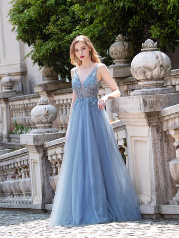 Baoleely A-line Tulle V-neck Luxurious Sexy Formal Evening Dresses Sleeveless Floor Length