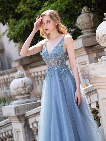 Baoleely A-line Tulle V-neck Luxurious Sexy Formal Evening Dresses Sleeveless Floor Length