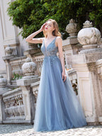 Baoleely A-line Tulle V-neck Luxurious Sexy Formal Evening Dresses Sleeveless Floor Length