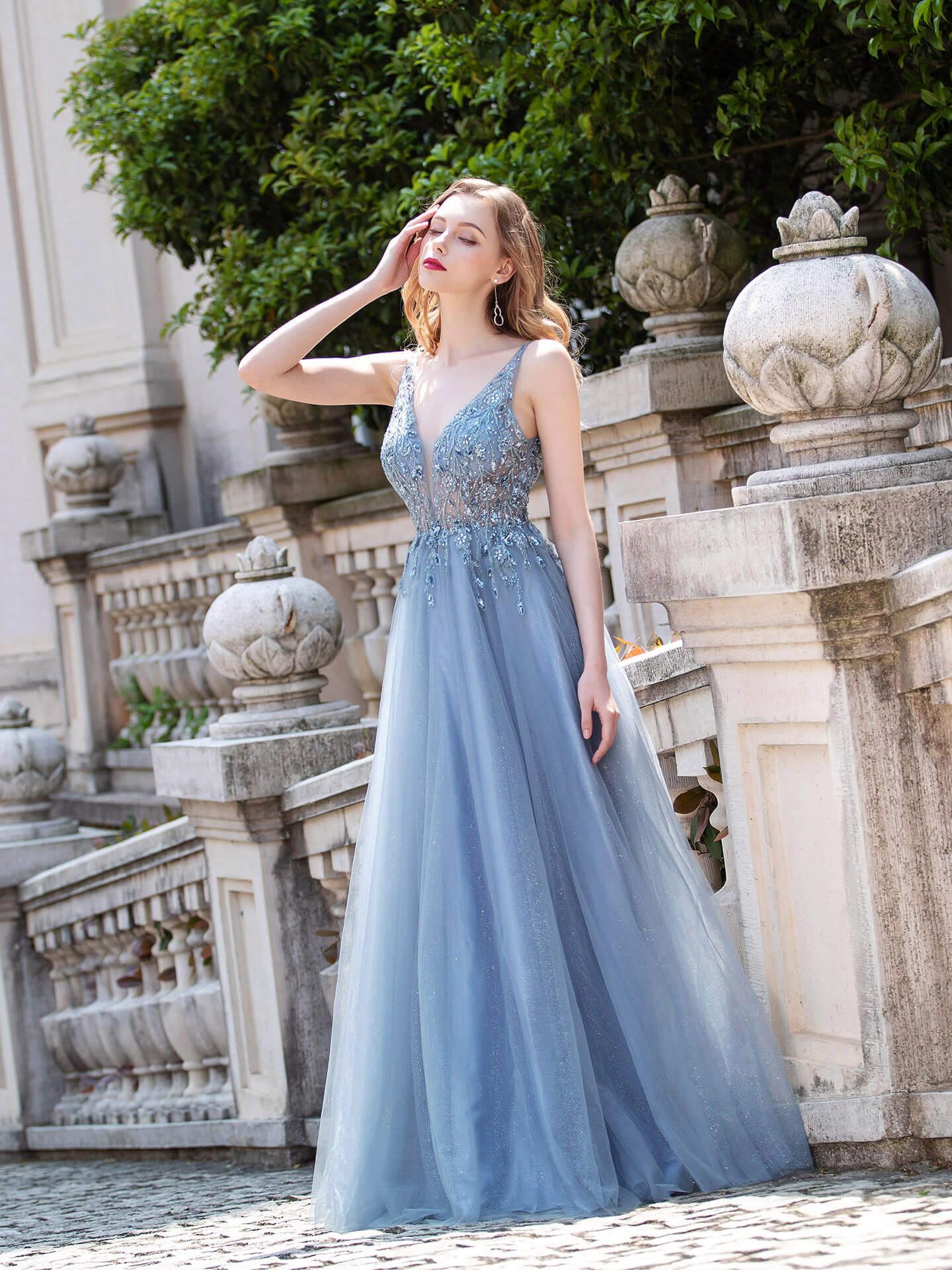 Baoleely A-line Tulle V-neck Luxurious Sexy Formal Evening Dresses Sleeveless Floor Length