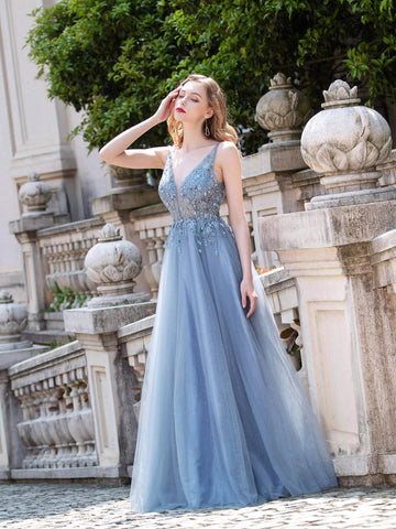 Baoleely A-line Tulle V-neck Luxurious Sexy Formal Evening Dresses Sleeveless Floor Length