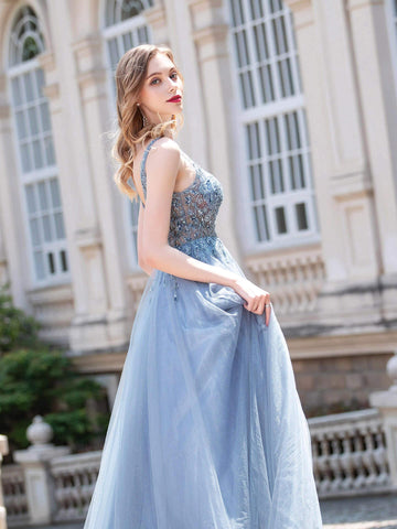Baoleely A-line Tulle V-neck Luxurious Sexy Formal Evening Dresses Sleeveless Floor Length