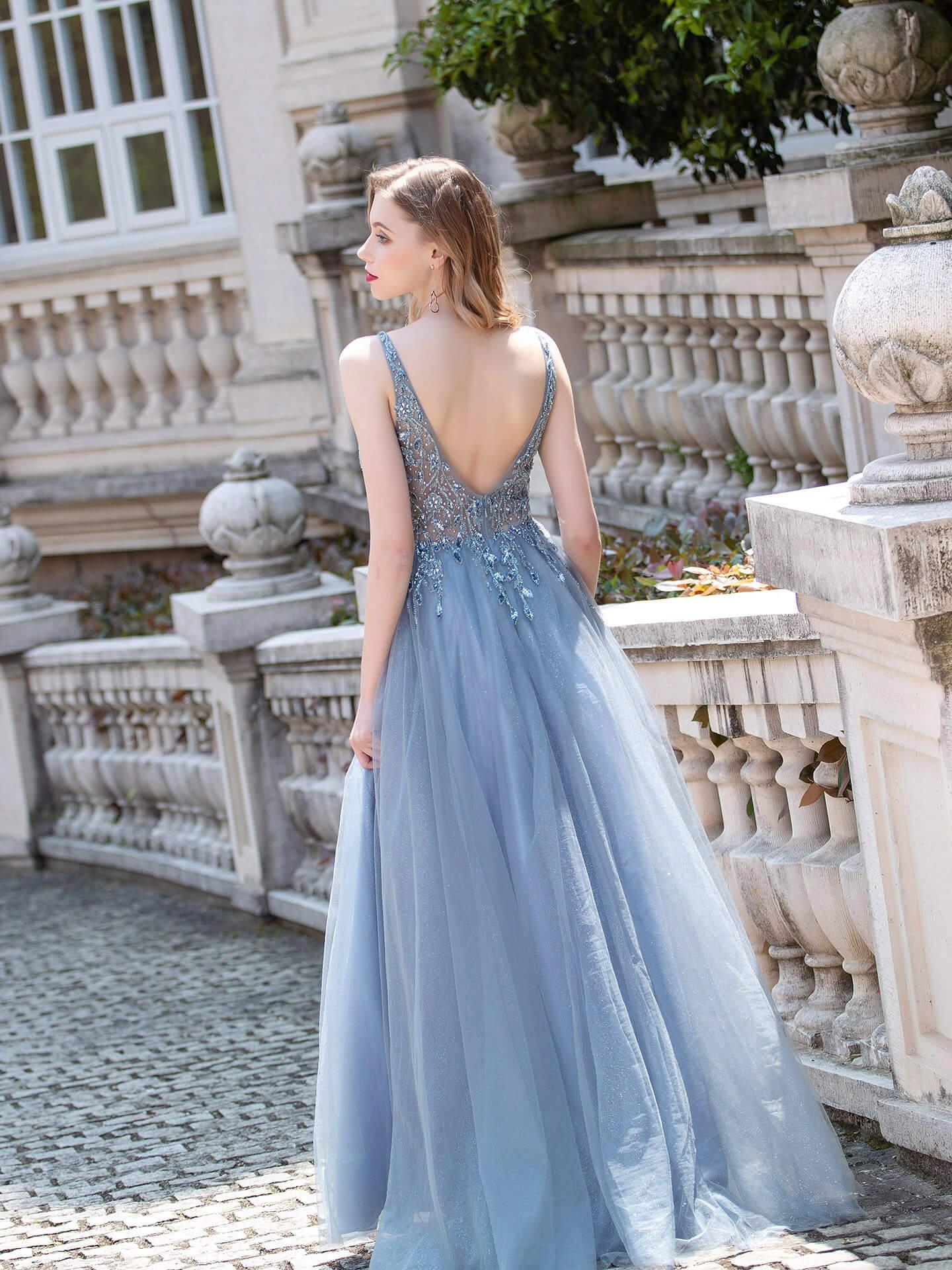 Baoleely A-line Tulle V-neck Luxurious Sexy Formal Evening Dresses Sleeveless Floor Length