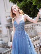 Baoleely A-line Tulle Luxurious Sexy Formal Evening Dresses Spaghetti Strap Sleeveless Floor Length