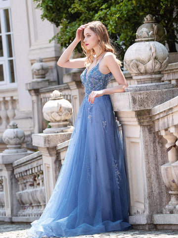 Baoleely A-line Tulle Luxurious Sexy Formal Evening Dresses Spaghetti Strap Sleeveless Floor Length