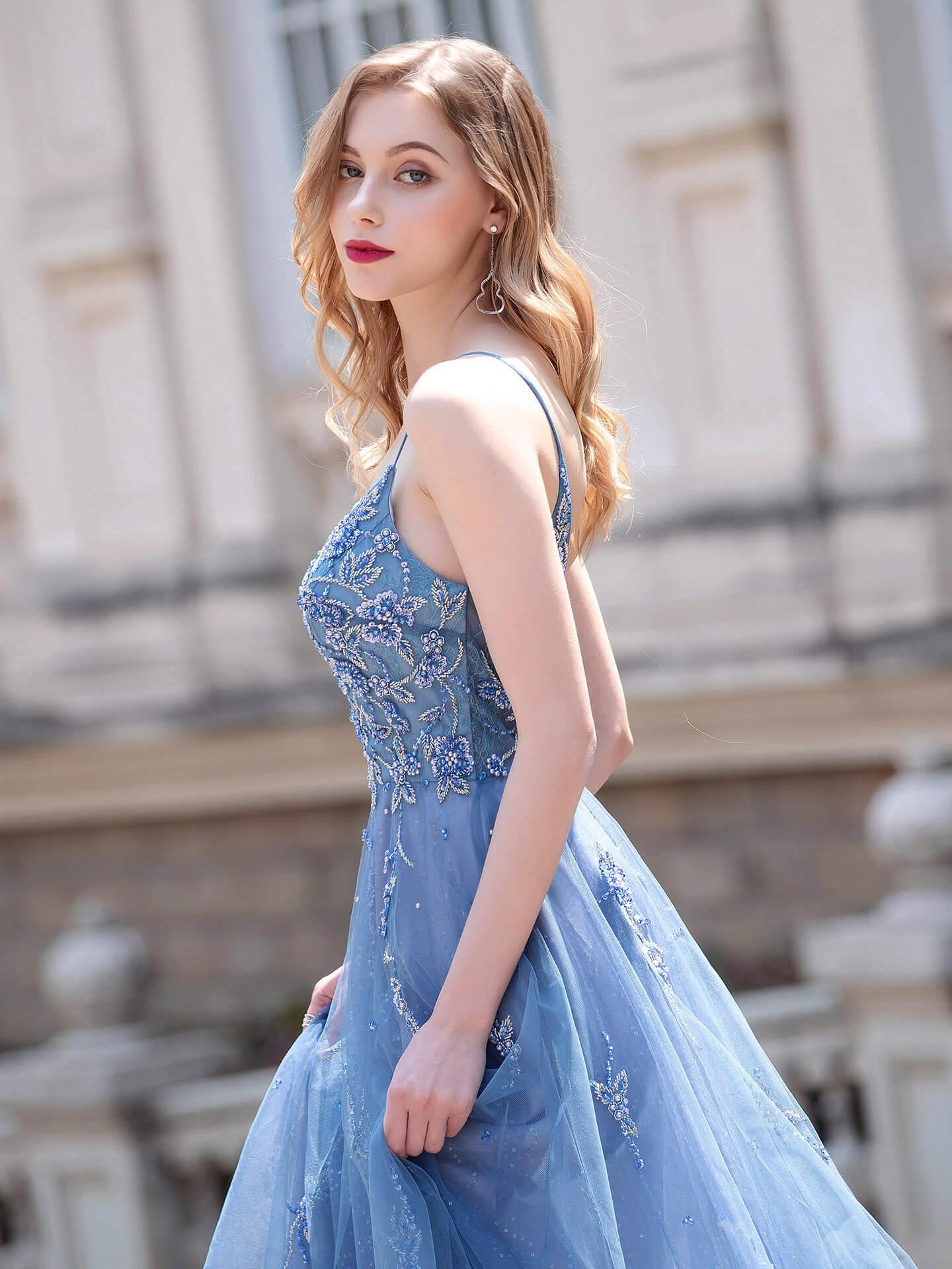 Baoleely A-line Tulle Luxurious Sexy Formal Evening Dresses Spaghetti Strap Sleeveless Floor Length