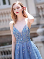 Baoleely A-line Tulle Luxurious Sexy Formal Evening Dresses Spaghetti Strap Sleeveless Floor Length