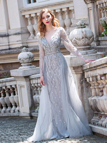 Vestido de noche formal de lujo Baoleely, estilo sirena, con escote en V, bordado con cuentas, manga larga hasta el suelo. 