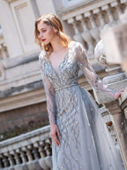 Baoleely Mermaid Beaded V-neck Luxurious Fashion Formal Evening Dresses Long Sleeve Floor Length