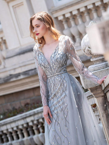 Vestido de noche formal de lujo Baoleely, estilo sirena, con escote en V, bordado con cuentas, manga larga hasta el suelo. 