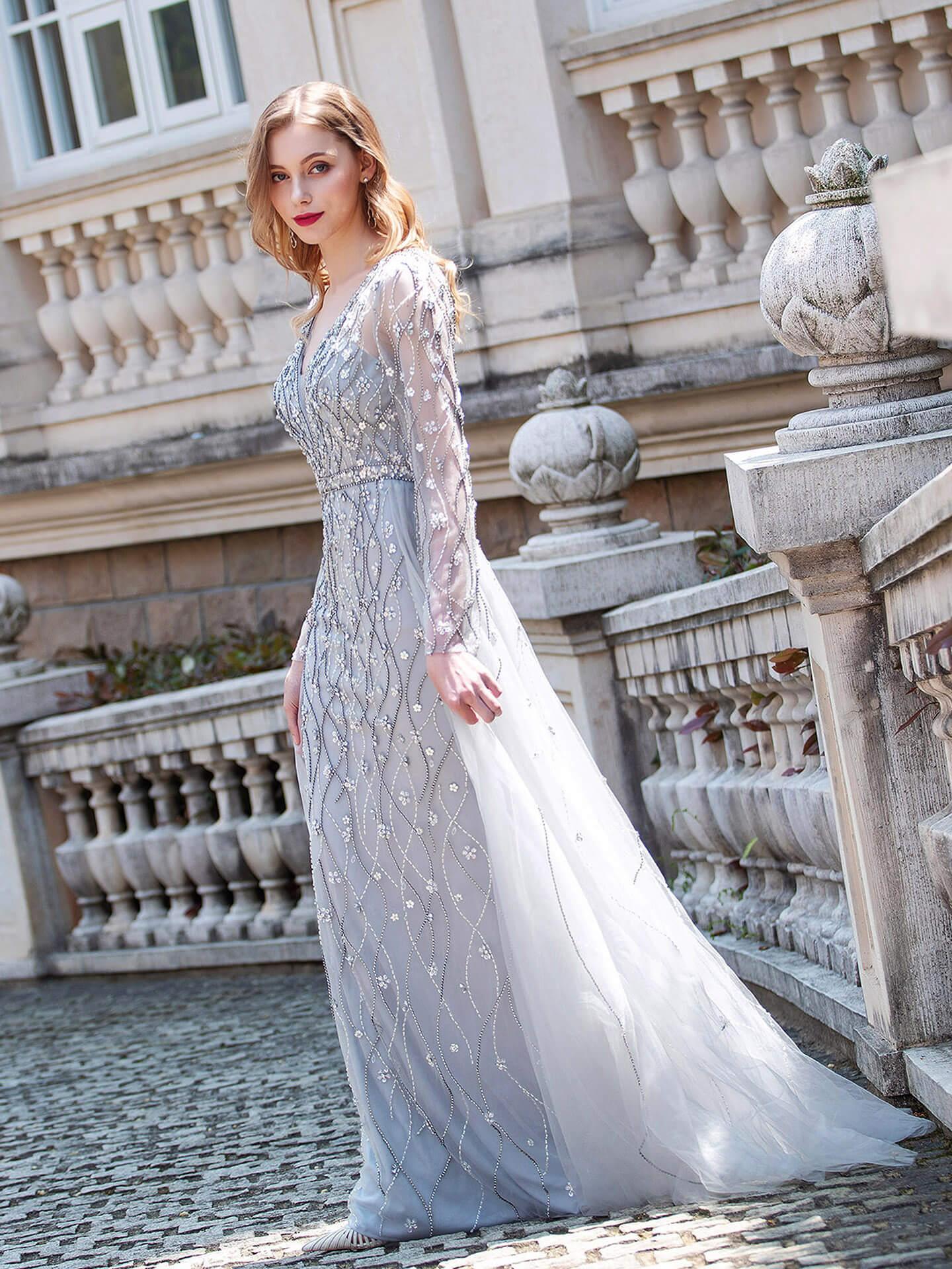 Baoleely Mermaid Beaded V-neck Luxurious Fashion Formal Evening Dresses Long Sleeve Floor Length
