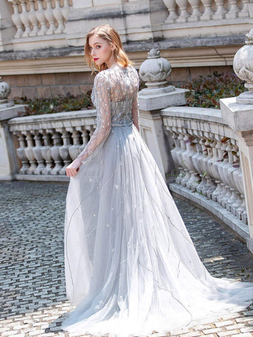 Vestido de noche formal de lujo Baoleely, estilo sirena, con escote en V, bordado con cuentas, manga larga hasta el suelo. 