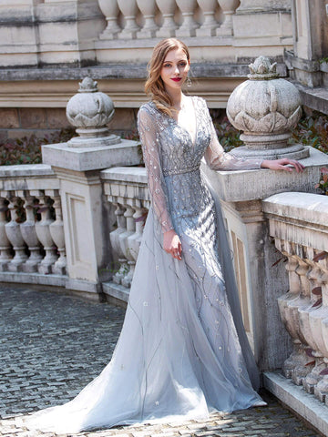 Vestido de noche formal de lujo Baoleely, estilo sirena, con escote en V, bordado con cuentas, manga larga hasta el suelo. 