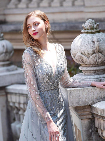 Vestido de noche formal de lujo Baoleely, estilo sirena, con escote en V, bordado con cuentas, manga larga hasta el suelo. 