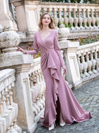 Baoleely Mermaid V-neck Fashion Formal Evening Dresses Long Sleeve Floor Length