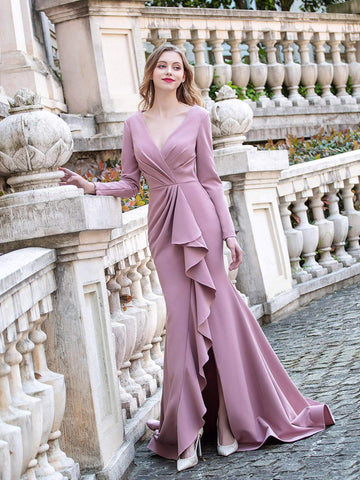 Vestido de noche formal Baoleely estilo sirena, escote en V, manga larga hasta el suelo 