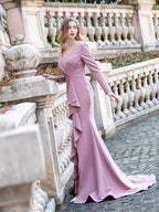 Baoleely Mermaid V-neck Fashion Formal Evening Dresses Long Sleeve Floor Length