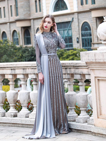 Vestido de noche formal de lujo con cuentas estilo sirena de Baoleely, manga larga hasta el suelo. 