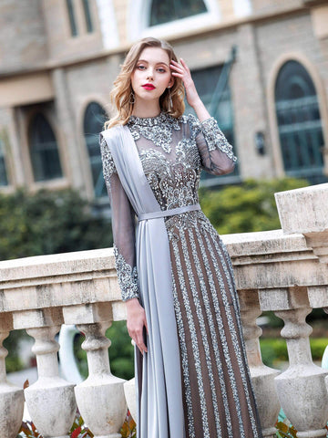 Vestido de noche formal de lujo con cuentas estilo sirena de Baoleely, manga larga hasta el suelo. 