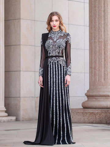 Vestido de noche formal de lujo con cuentas estilo sirena de Baoleely, manga larga hasta el suelo. 