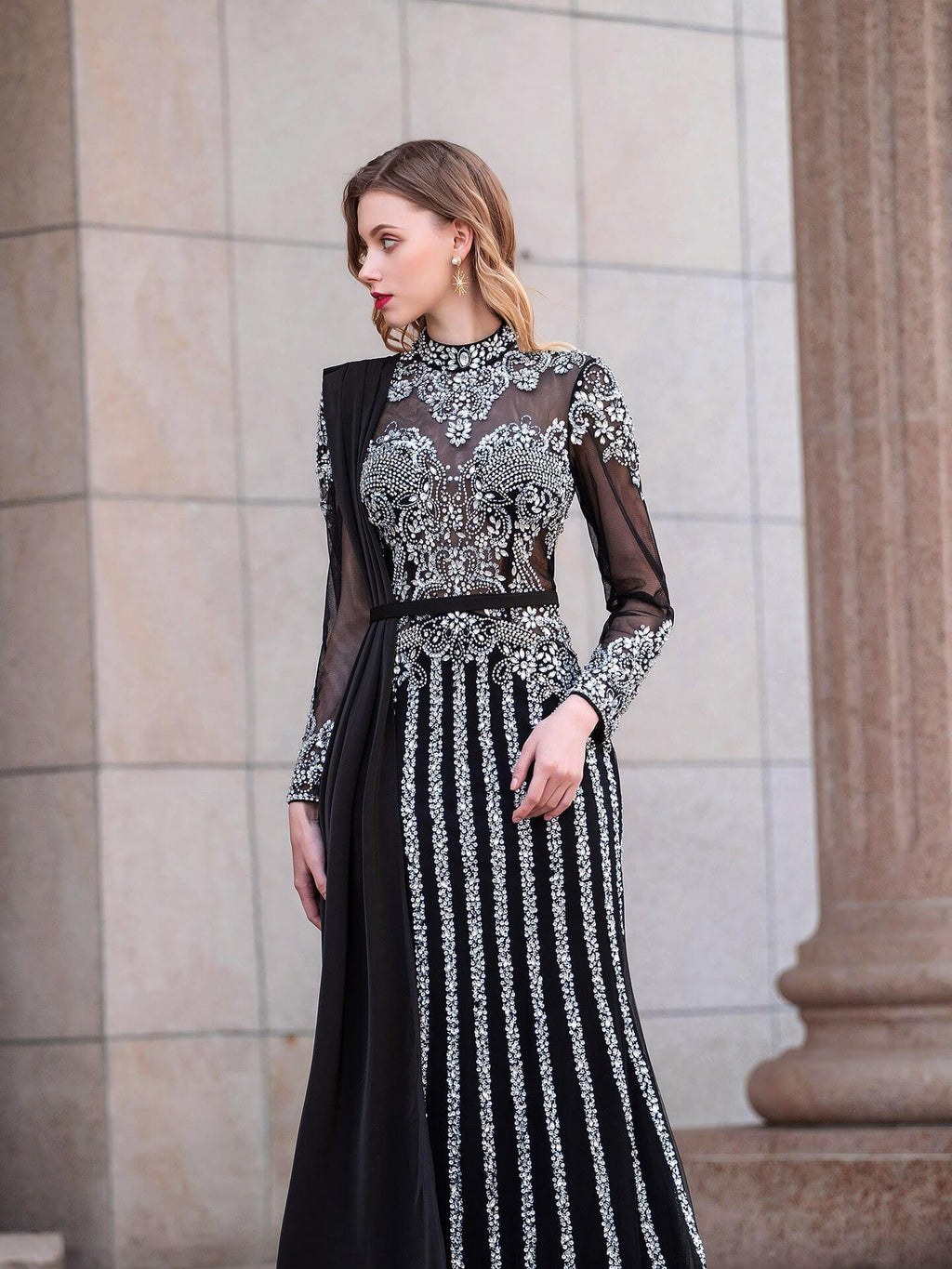 Baoleely Mermaid Beaded Luxurious Fashion Formal Evening Dresses Long Sleeve Floor Length