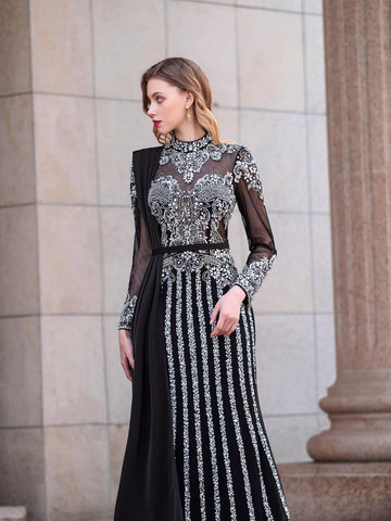 Vestido de noche formal de lujo con cuentas estilo sirena de Baoleely, manga larga hasta el suelo. 