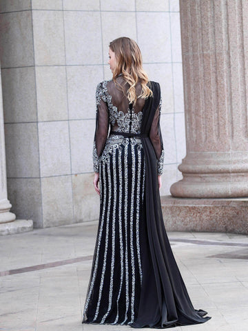 Vestido de noche formal de lujo con cuentas estilo sirena de Baoleely, manga larga hasta el suelo. 