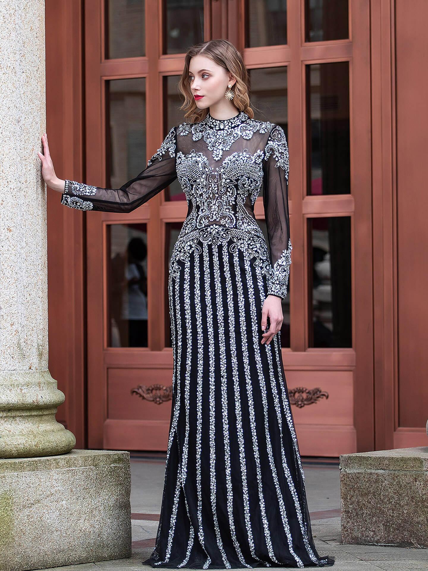 Baoleely Mermaid Beaded Luxurious Fashion Formal Evening Dresses Long Sleeve Floor Length