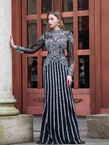 Vestido de noche formal de lujo con cuentas estilo sirena de Baoleely, manga larga hasta el suelo. 