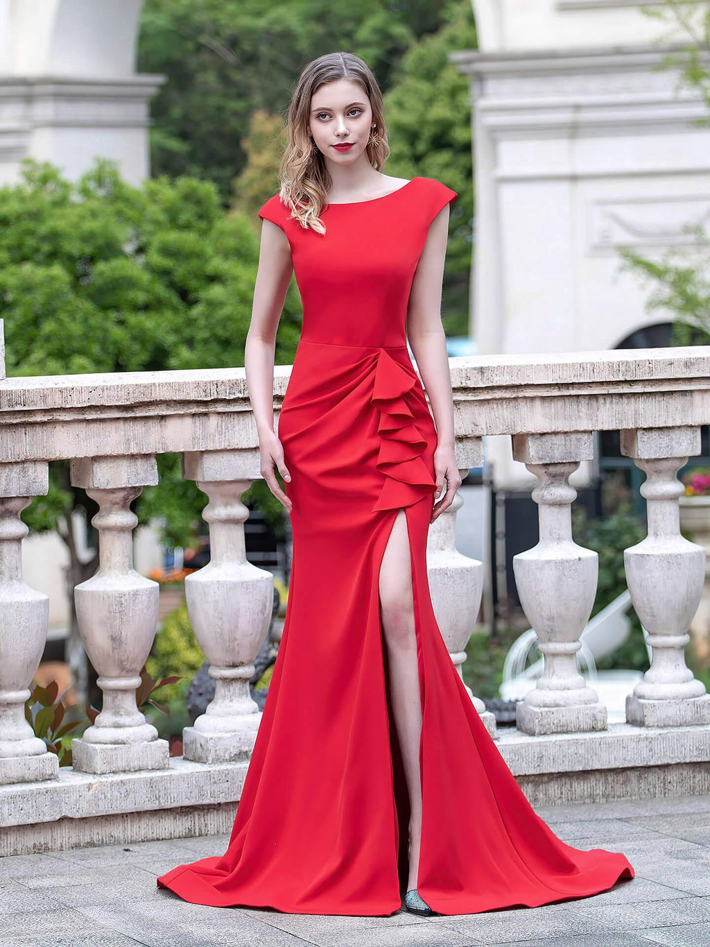 Baoleely Mermaid  Column Elegant Fashion Formal Evening Dresses Cap Sleeveless with Slit Floor Length
