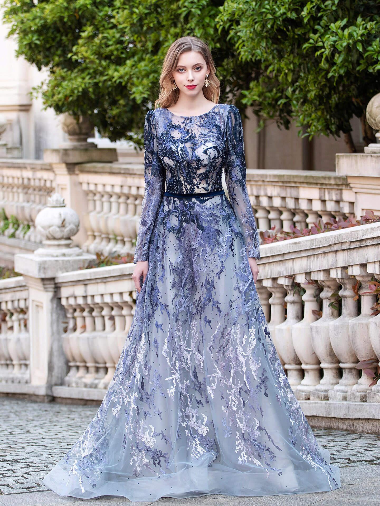 Baoleely A-line Fashion Formal Evening Dresses Long Sleeve Floor Length Prom Dresses