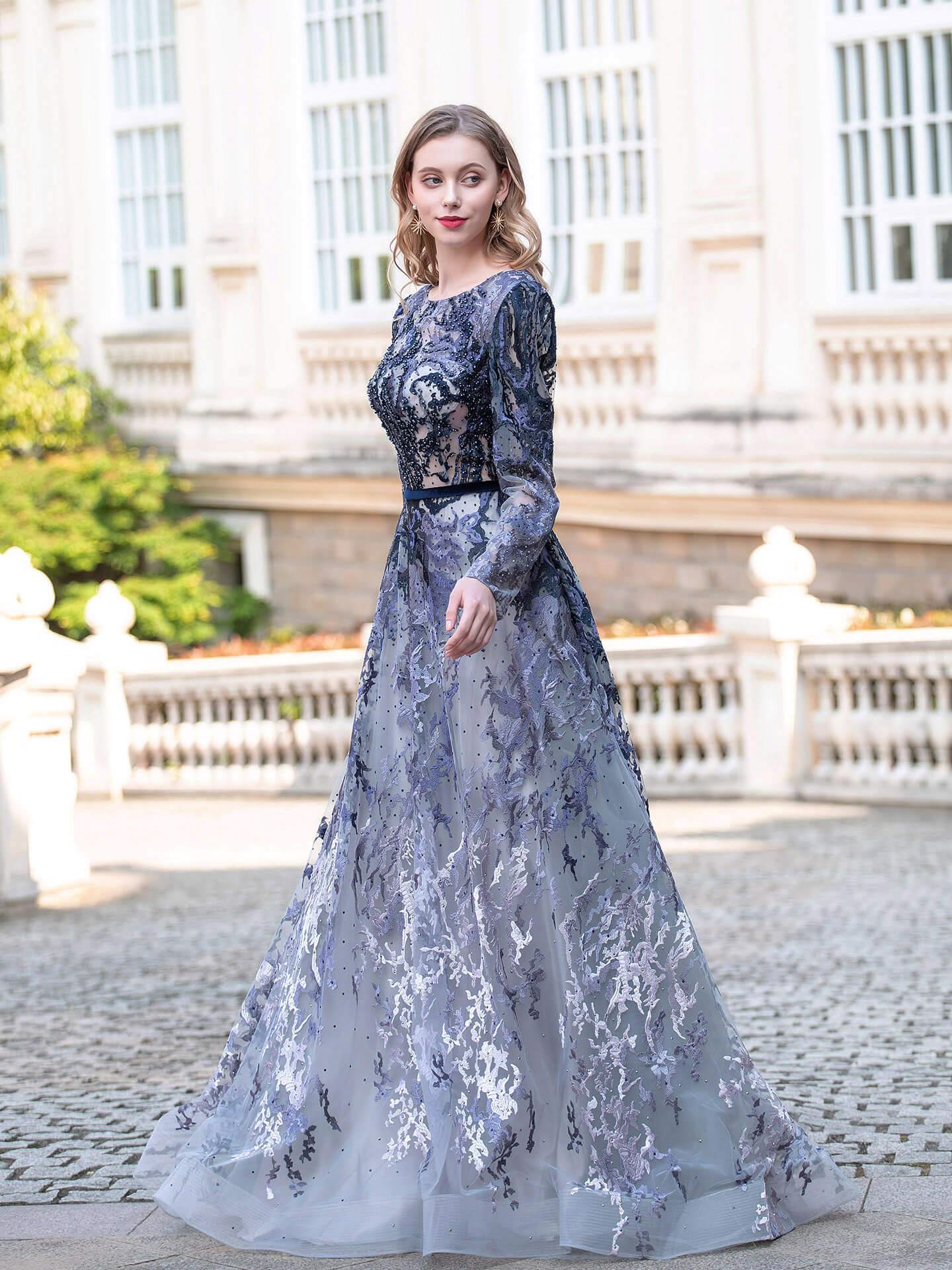 Baoleely A-line Fashion Formal Evening Dresses Long Sleeve Floor Length Prom Dresses